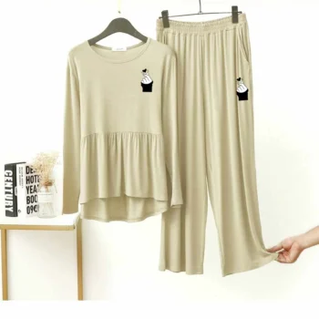 Peplum-Style Logo-Printed 2-Pcs Lounge And Night Wear Suit. WLW-11