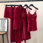 Imported Lace Style Complete 5-Pcs Silk Nightsuit.