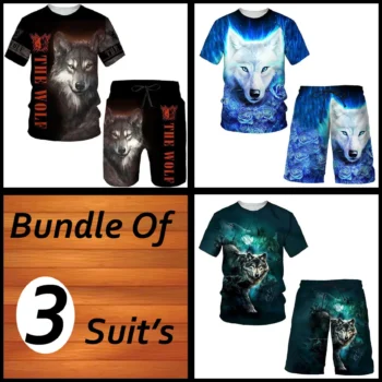 Bundle Of 3 Casual Wear 3D Wolf Printed 2-Pcs Summer Suit. Deal-11 (Clearance-Sale)