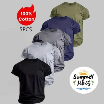 Bundle Of 5 R-Neck Half Sleeve Summer Tshirt's. (Black-Navy-H.Grey-C.Grey-Green)